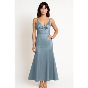 2000s Morilee Madeline Gardner Slate Blue Satin Formal Gown medium